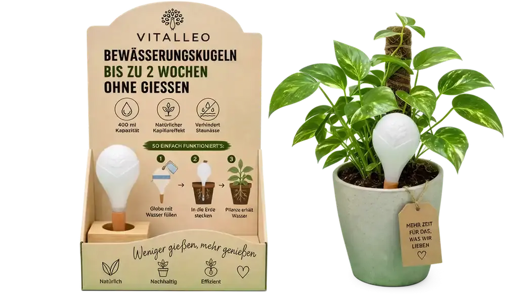 Freigestellter Vitalleo Verkaufsaufsteller aus Karton mit eingesetzter weißer Bewässerungskugel