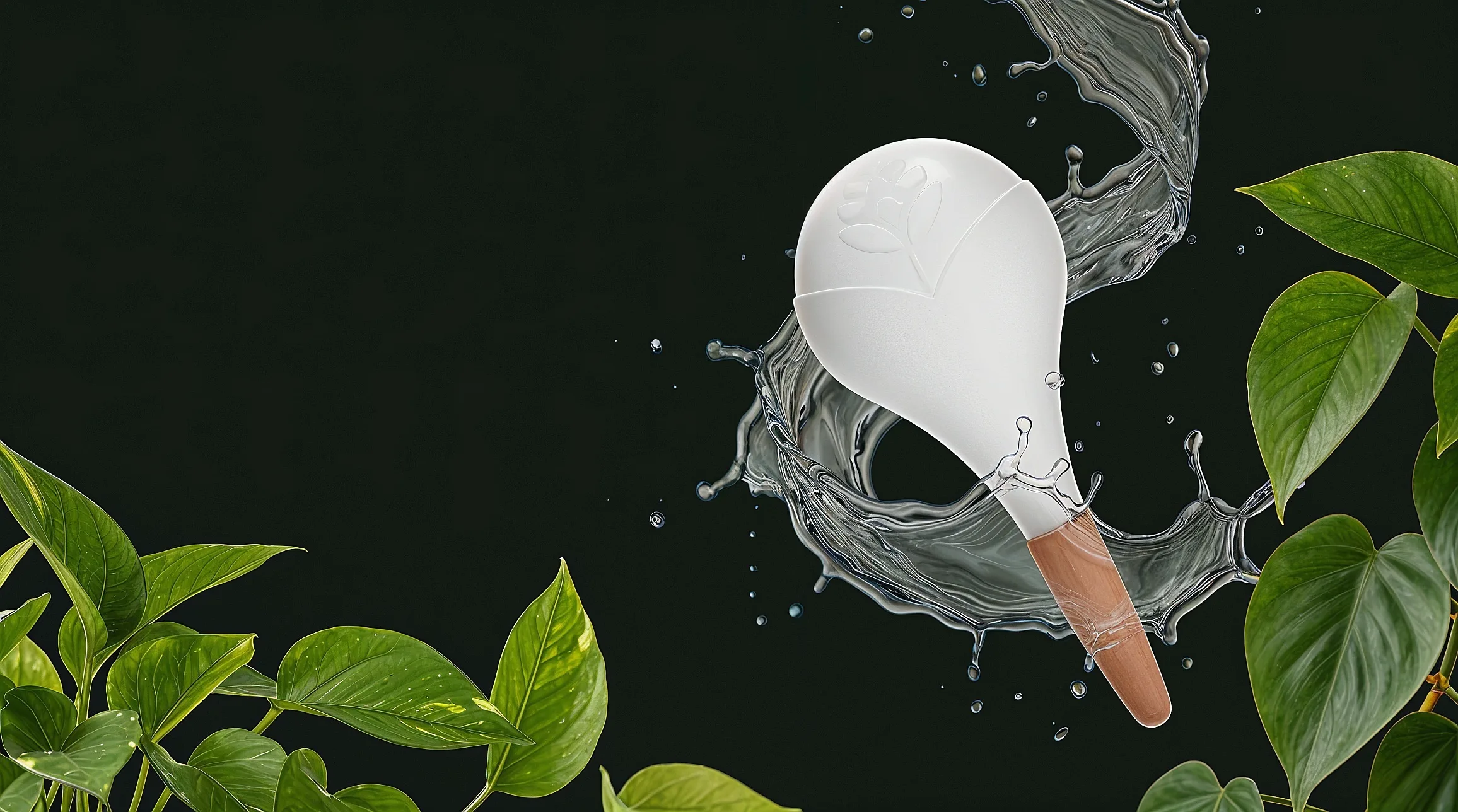 Weiße Vitalleo Bewässerungskugel mit Terrakotta-Fuß, umgeben von aufspritzendem Wasser und Blättern einer Efeutute