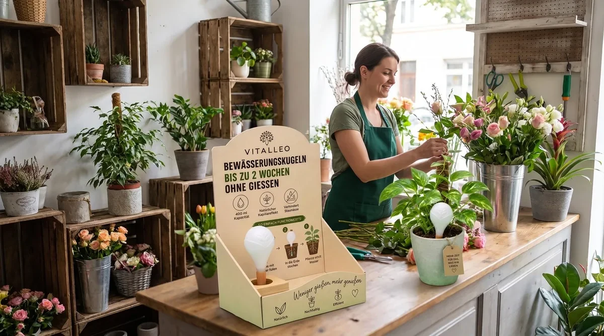Vitalleo Aufsteller auf der Theke eines Blumenladens, dahinter eine Floristin bei der Arbeit