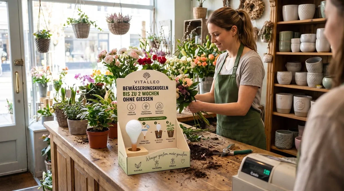 Vitalleo Aufsteller im Verkaufsraum eines Gartenfachgeschäfts