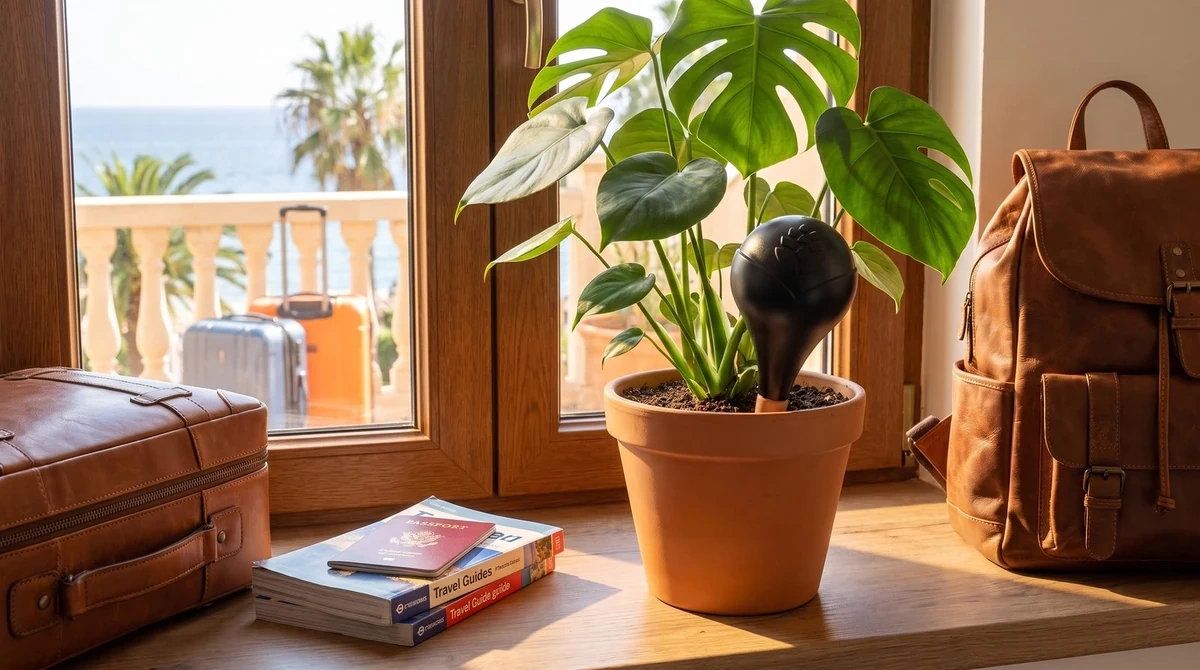 Schwarze Bewässerungskugel in einer Monstera neben Koffer und Reisepass vor einem sonnigen Fenster