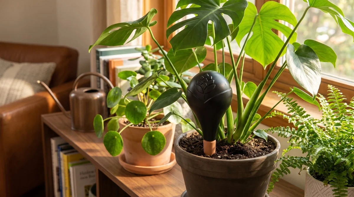 Schwarze Bewässerungskugel in einer Zimmerpflanze im Wohnraum